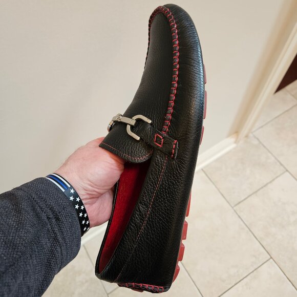 Donald Pliner Men's Soft Leather Horsebit Loafers, Black/Red, Sz 12 - Picture 13 of 16